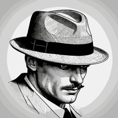 Mysterious Man with Intense Gaze Wearing Fedora Hat against Dark Background