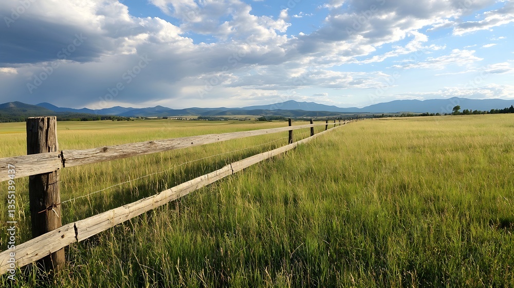 Poster Scenic view of green grass field bordered by wooden fence against backdrop of distant mountains : Generative AI