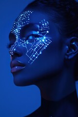 Obraz premium Cybernetic Beauty: A stunning portrait of a woman with her face illuminated by intricate glowing patterns, blending human features with futuristic aesthetics.