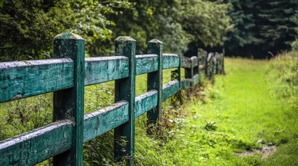 Rustic Green Wooden Fence Along Lush Green Forest Pathway