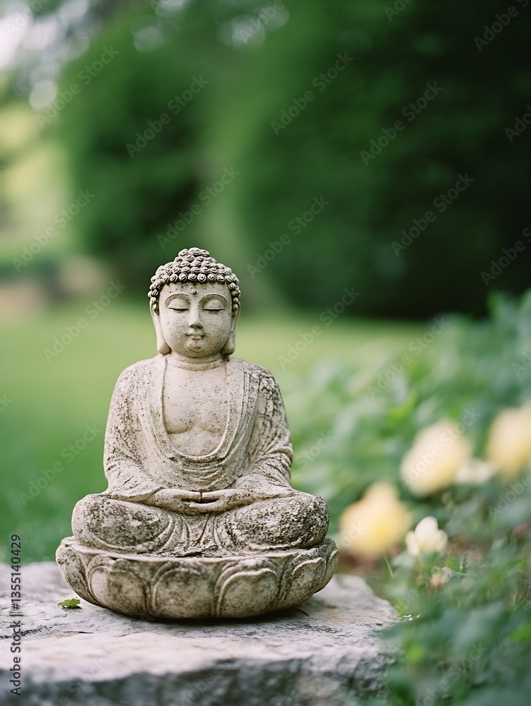 Poster serene stone buddha statue in a tranquil garden setting surrounded by lush greenery : generative ai