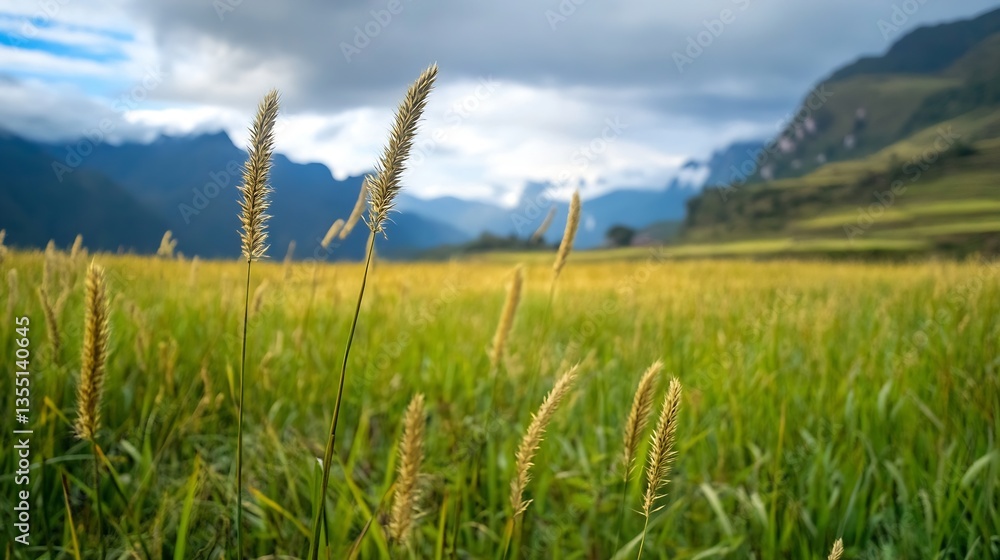 Poster Scenic view of tall grass swaying gently in a lush green field surrounded by mountains : Generative AI