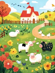 Naklejka premium Charming cartoon farm with cows, pigs, chickens, and sheep amidst bright flowers and rolling hills in a playful, inviting style