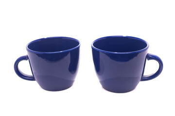 Two Blue empty coffee cups isolated on a white background.