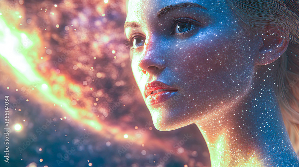 Poster Exploring the cosmos through the longest journey into the vastness of space with a glowing figure