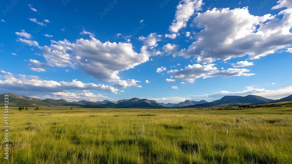 Poster expansive meadow featuring lush green grass under a blue sky filled with fluffy clouds in a serene l