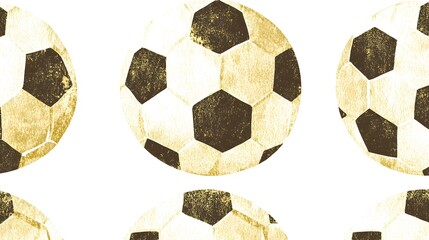 Pattern of Golden Soccer Balls with Black and White Hexagonal Panels on a White Background