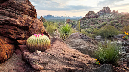 Sonoran desert landscape.  Yucca Tree, Saguaro and Barrel Cactus, desert flowers