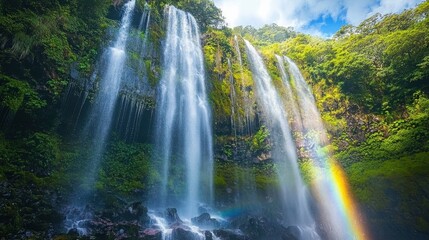 Fototapeta premium A beautiful cascading waterfall features a colorful visible rainbow arch