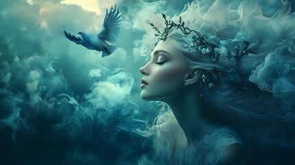 Fototapeta premium Celestial Beauty: A serene maiden, crowned with ethereal adornments, is surrounded by swirling clouds, a dove taking flight symbolizes peace and freedom.