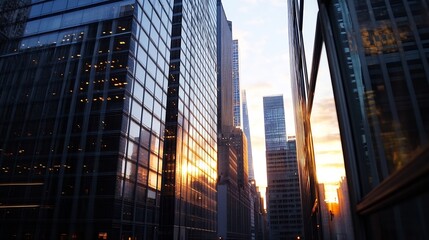 Stunning city skyline at sunset reflecting vibrant colors on modern architecture : Generative AI