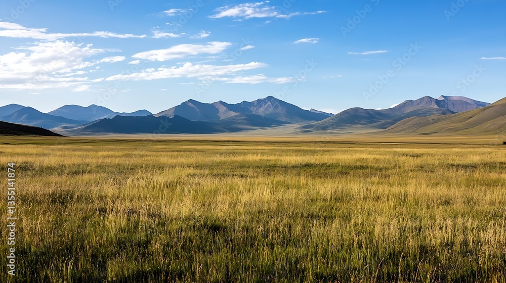 Poster expansive grass fields under a clear sky with distant mountains creating a serene rural landscape : 