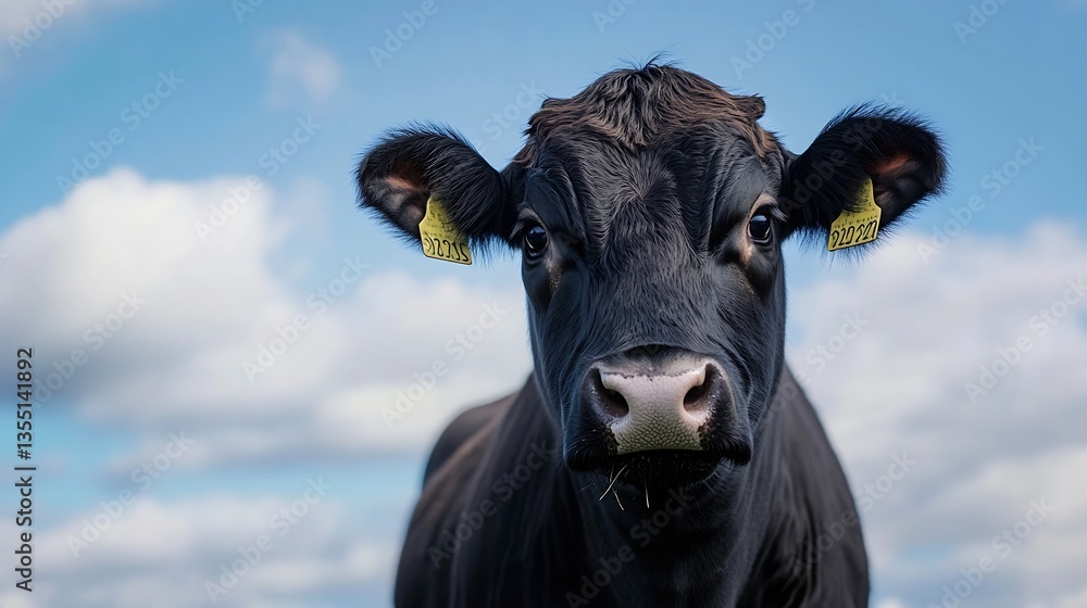Poster curious black cow looking at the camera against a bright blue sky with fluffy clouds : generative ai