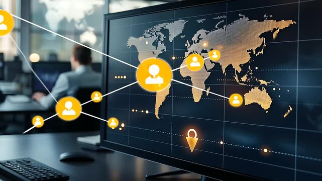 A global talent map displayed in an open office, showcasing potential hires from around the world. One highlighted pin on the map zooms in to reveal the selected candidate&rsquo;s profil