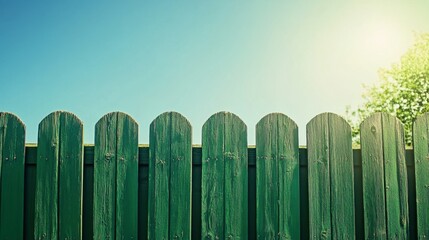 Fototapeta premium Green Wooden Fence with Clear Sky and Sunlight in Background