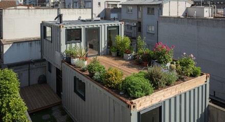 Urban Oasis: Container House with Rooftop Garden - Sustainable urban living, rooftop gardening, repurposed shipping container, eco-friendly home, minimalist design. Symbolising: sustainability