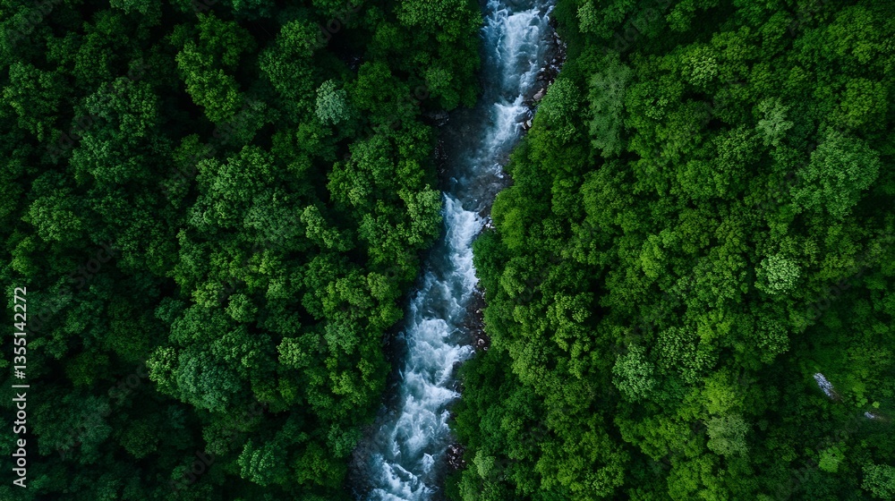 Poster Aerial View of Lush Green Forest with Cascading River Surrounded by Trees : Generative AI