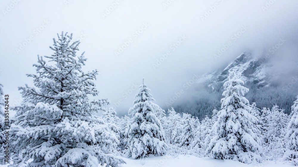 Aufkleber Snowcovered trees in a wintery landscape shrouded in mist and fog creating a serene atmosphere : Generative AI
