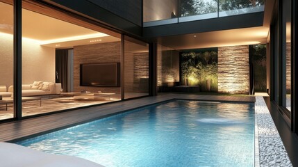 Modern Indoor Swimming Pool with Elegant Living Room Design