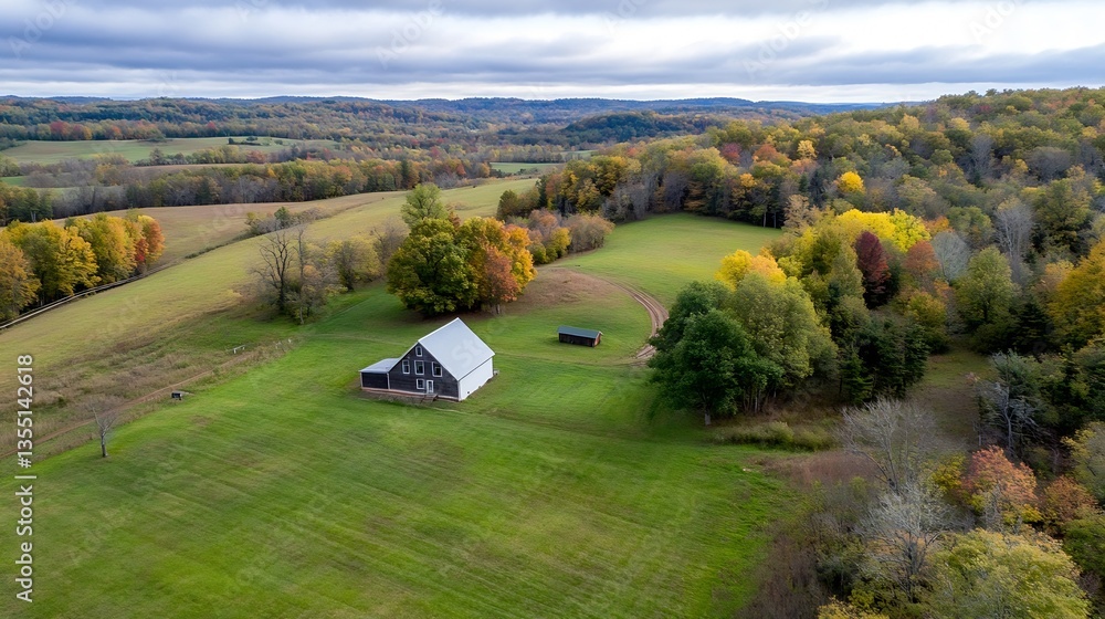 Poster aerial view of a serene landscape featuring a farmstead surrounded by vibrant autumn foliage : gener