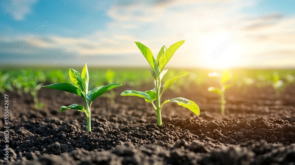 Poster sunlight illuminating young green plants emerging from rich dark soil in a field : generative ai