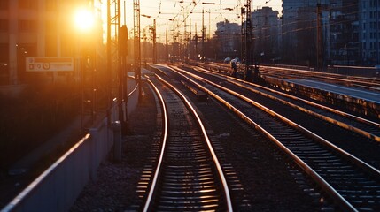 Obraz premium Golden hour sunlight illuminating train tracks creating a beautiful silhouette against the urban backdrop : Generative AI