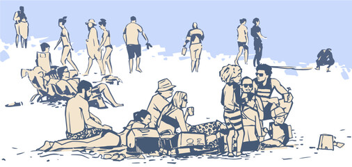 Illustration of people relaxing and sunbathing on the beach