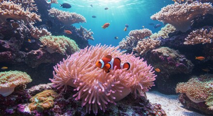 Obraz premium Vibrant Coral Reef Scene - Colorful clownfish swim amidst a lush coral reef teeming with marine life. A breathtaking underwater scene