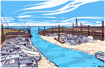 Vector illustration of harbor at low tide