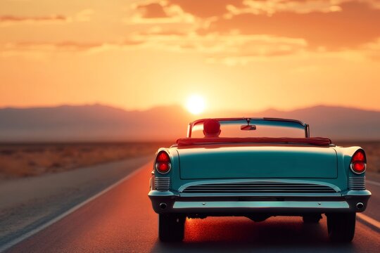 Fototapeta Classic convertible car driving into the sunset on desert highway