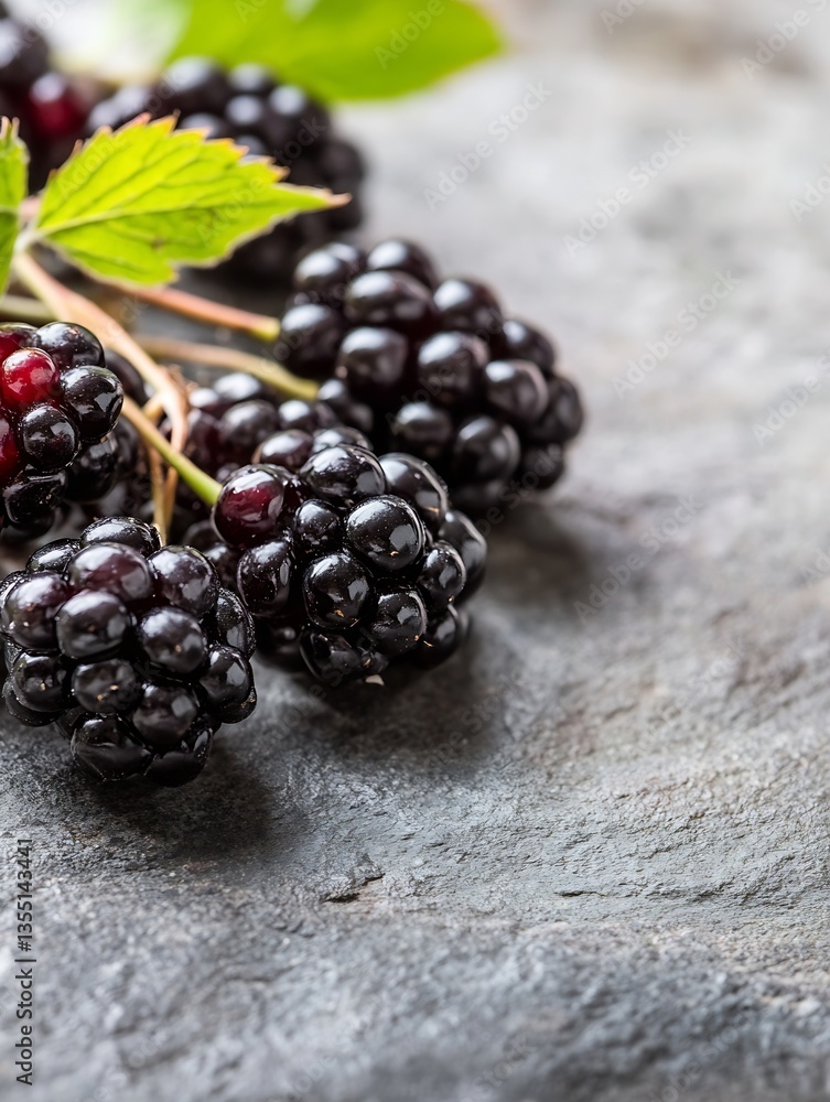 Poster bountiful blackberry cluster with dark berries surrounded by lush green leaves on textured backgroun