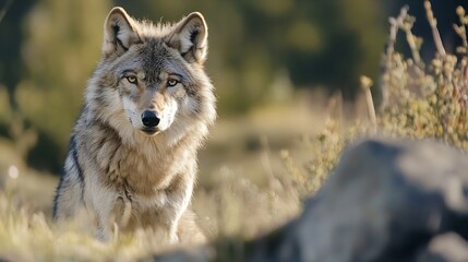 Fototapeta premium Majestic wild wolf gazing intently in a natural setting showcasing its fierce beauty : Generative AI