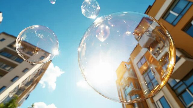 Urban reflection in giant soap bubbles against clear blue sky with modern architecture