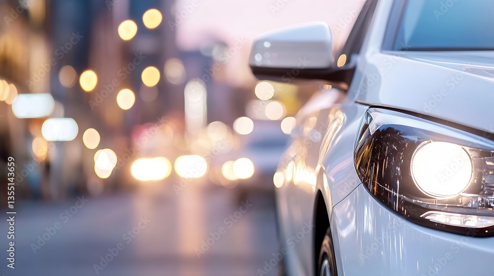 Aufkleber stylish modern white car parked on a city street with beautiful bokeh lights in the background durin