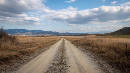 Naklejka premium Scenic dirt road stretching through a serene landscape under a blue sky with clouds : Generative AI