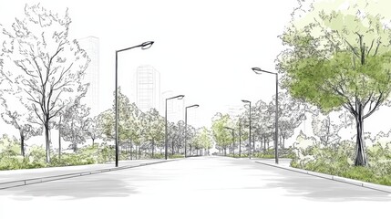 Green Cityscape Serene TreeLined Street with Urban Oasis.