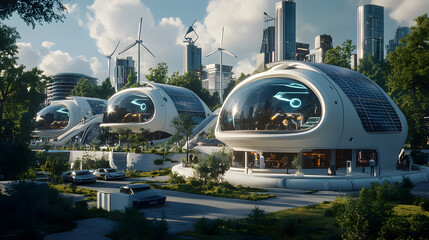 Fototapeta premium A futuristic energy farm with integrated solar panels and wind turbines working in unison in an urban environment.