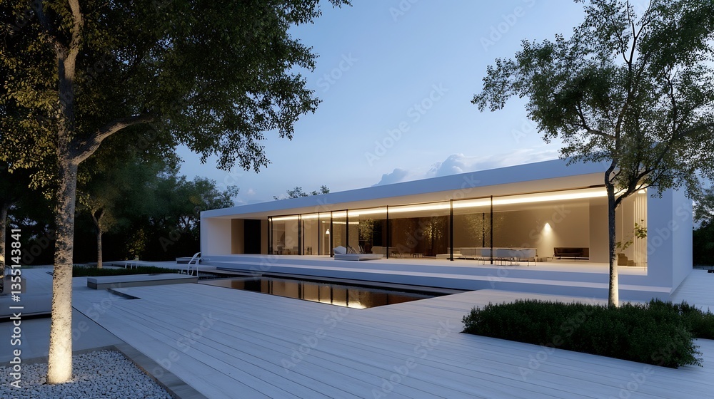 Aufkleber Modern architectural design of a sleek house surrounded by greenery and pool reflecting the evening sky : Generative AI