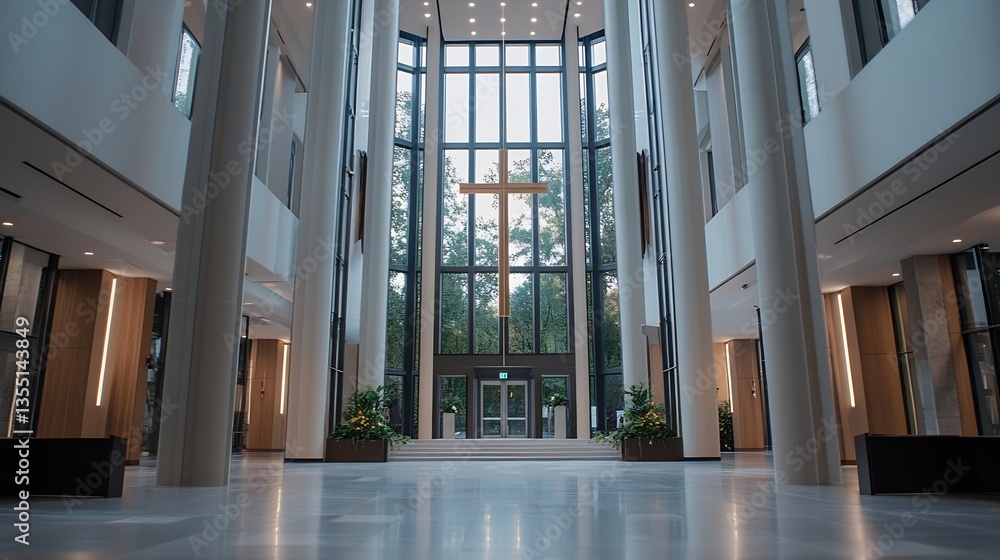 Poster modern architectural interior design with high ceilings and large windows creating an elegant open s