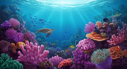 Obraz premium Vibrant Reef Underwater Paradise - A serene underwater scene, symbolizing ocean life, coral beauty, marine biodiversity, vibrant ecosystem, and underwater tranquility