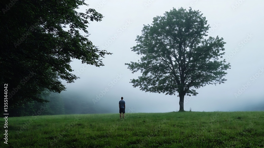 Poster lonely figure standing in a foggy field under a solitary tree evoking feelings of solitude : generat