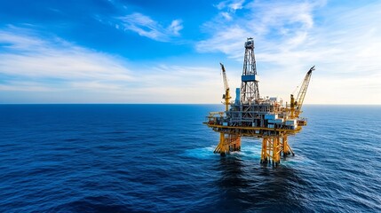 Offshore oil drilling rig standing tall against a blue sky and calm ocean waters in a marine environment : Generative AI