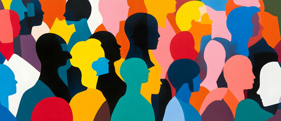 Colorful silhouettes of diverse people in a crowd art