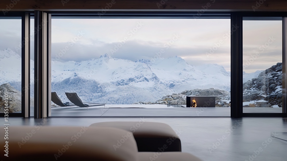 Poster modern interior view showcasing a cozy retreat with panoramic windows and snowy mountains in the bac