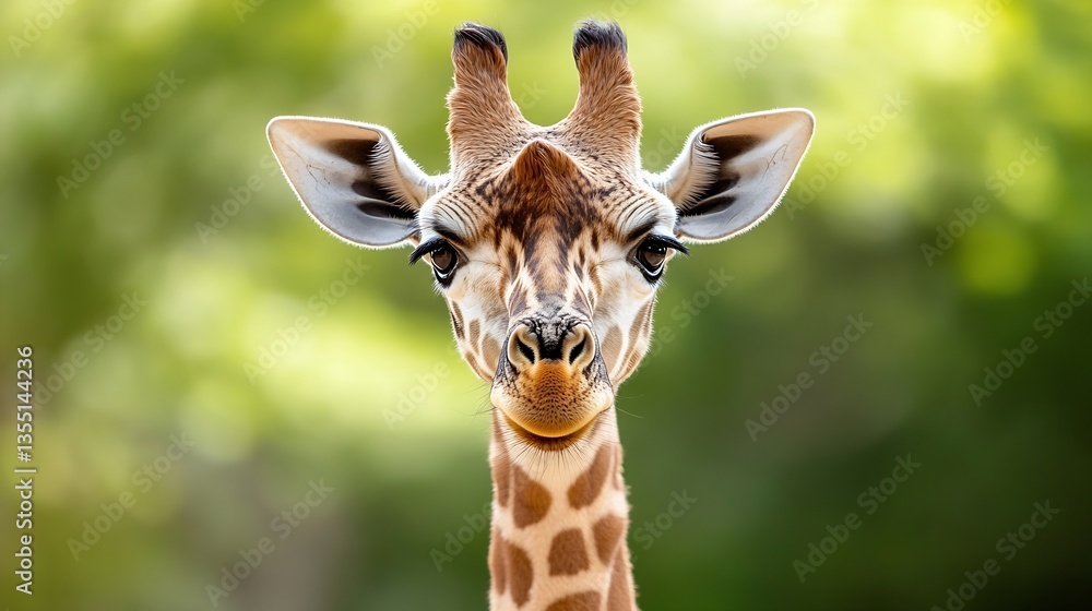 Poster Close up of a smiling giraffe with beautiful patterns and a gentle expression on its face in natural sunlight : Generative AI