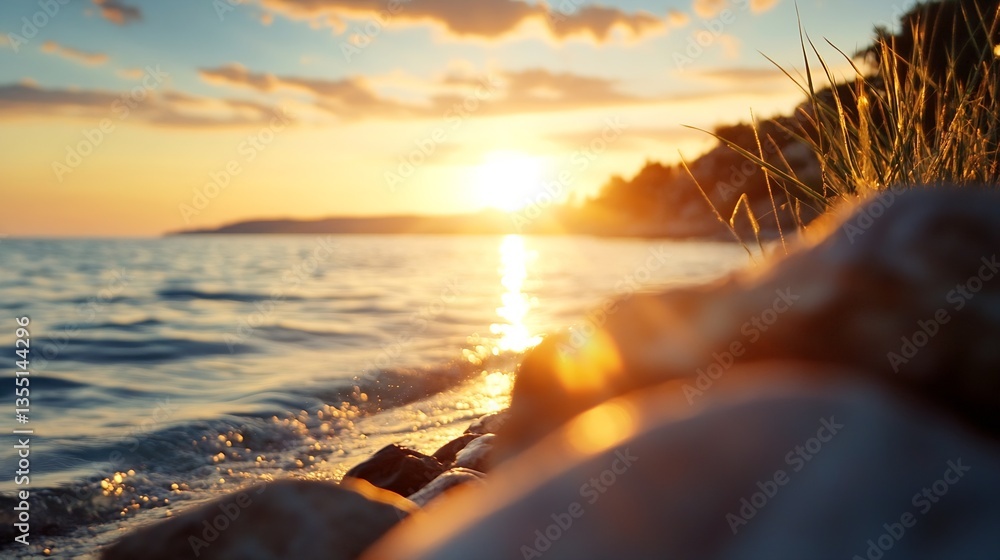 Poster golden sunset over tranquil waters with gentle waves and scenic view : generative ai