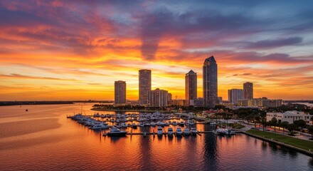 Fototapeta premium Vibrant Sunset Over City Marina - Stunning sunset cityscape with a marina full of boats, reflecting the fiery colors of the sky