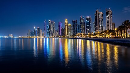 Obraz premium Vibrant city skyline at night with dazzling lights reflecting on calm water creating a stunning urban scene : Generative AI