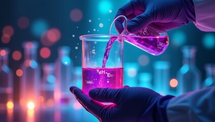 gloved hand carefully pouring a purple liquid from a beaker into a test tube, with chemical formulas and molecular structures overlaid on the image. The background is a soft, blurred mix of colorful l