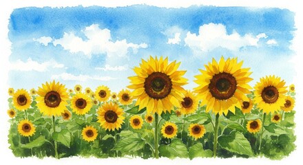Fototapeta premium Vibrant Watercolor Sunflowers in Sunny Field - A sunny summer day, a field of sunflowers, bright blue sky, warm colors, joyful nature. Symbolizing happiness, warmth, growth, abundance, and summer
